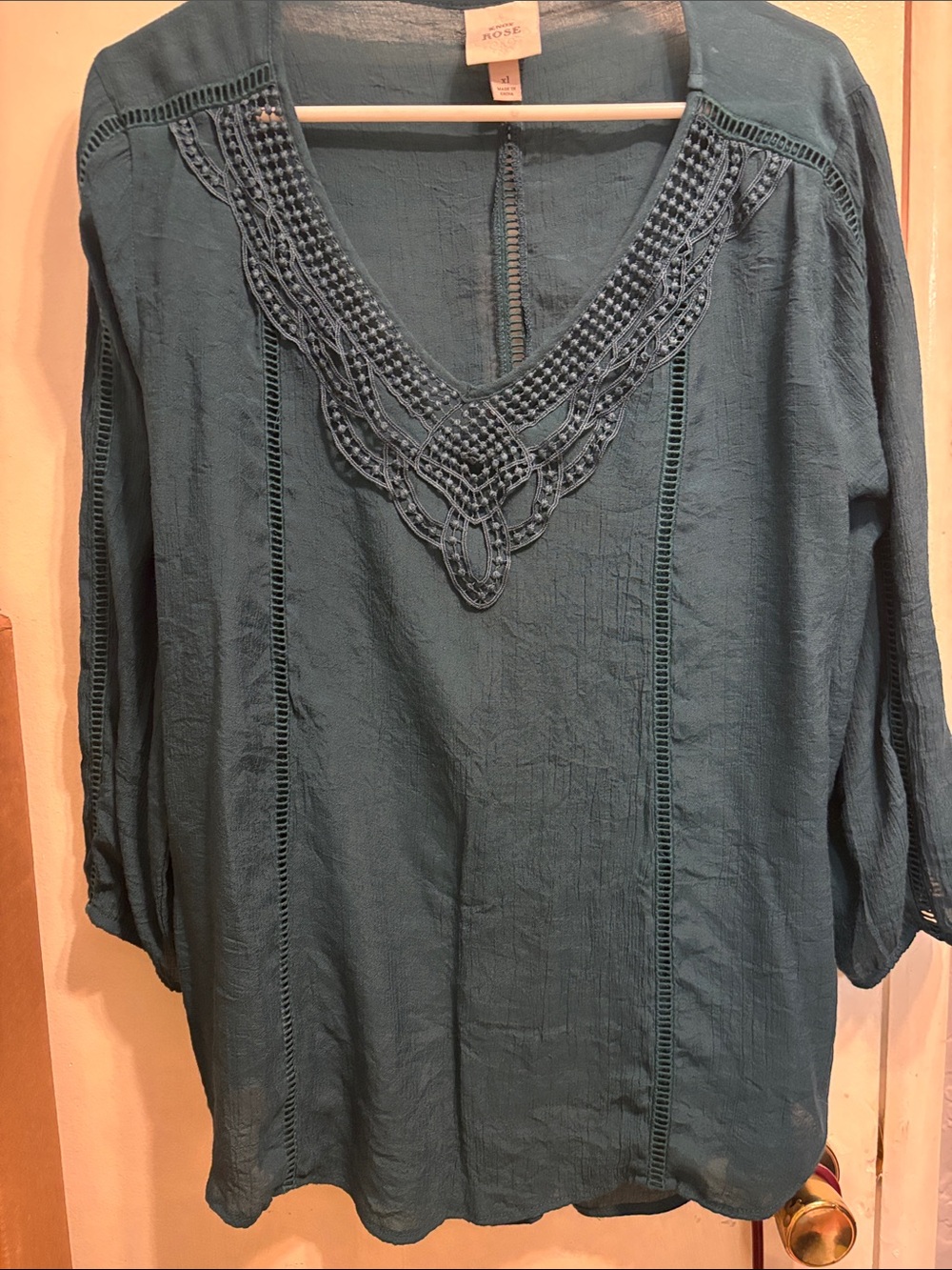 Knox Rose Teal Crochet-Trim V-Neck Blouse